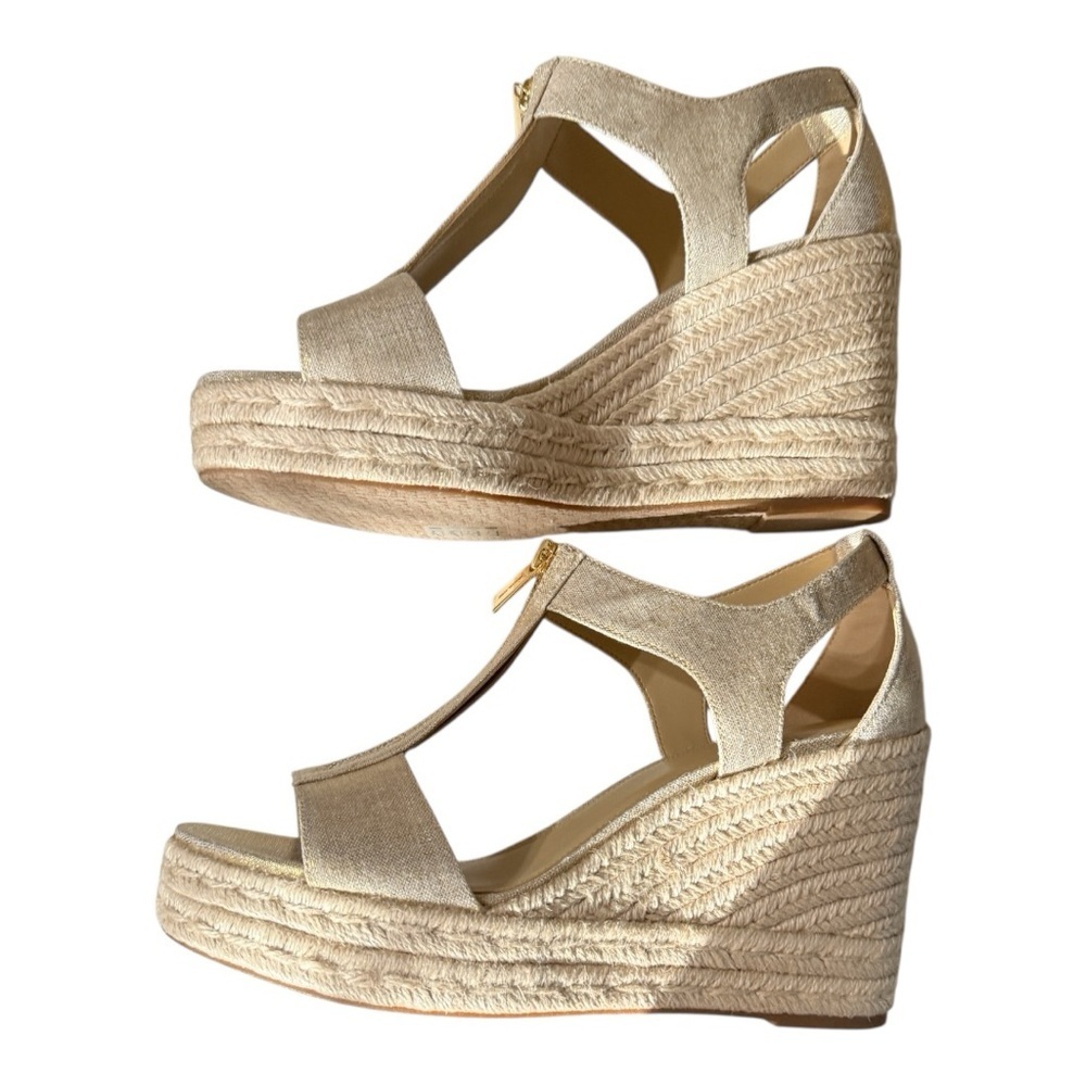 Michael Kors Berkeley Mid Wedge Sandals Size 10 Gold Linen - Picture 3 of 6